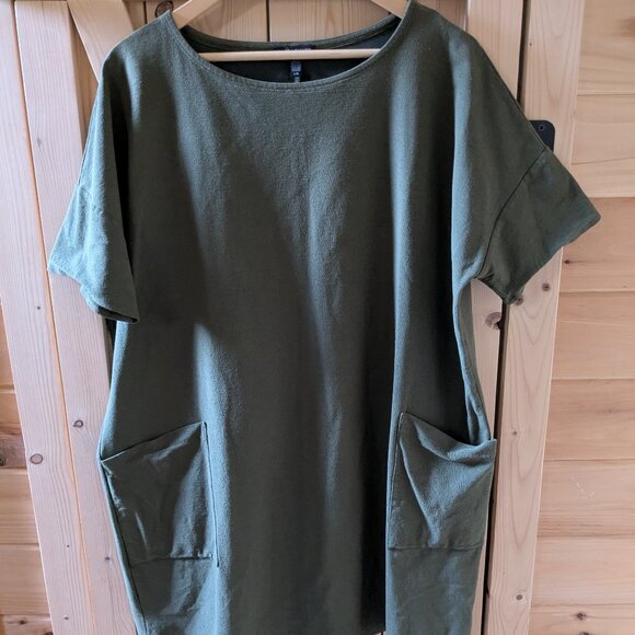Eileen Fisher Olive Green Viscose Boxy Short Sleeve Dress Large Lagenlook Pocket - Picture 1 of 11